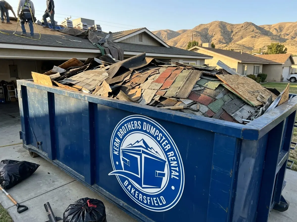 Roll-off dumpster delivered in East Bakersfield, CA by Kern Brothers Dumpster Rental Bakersfield